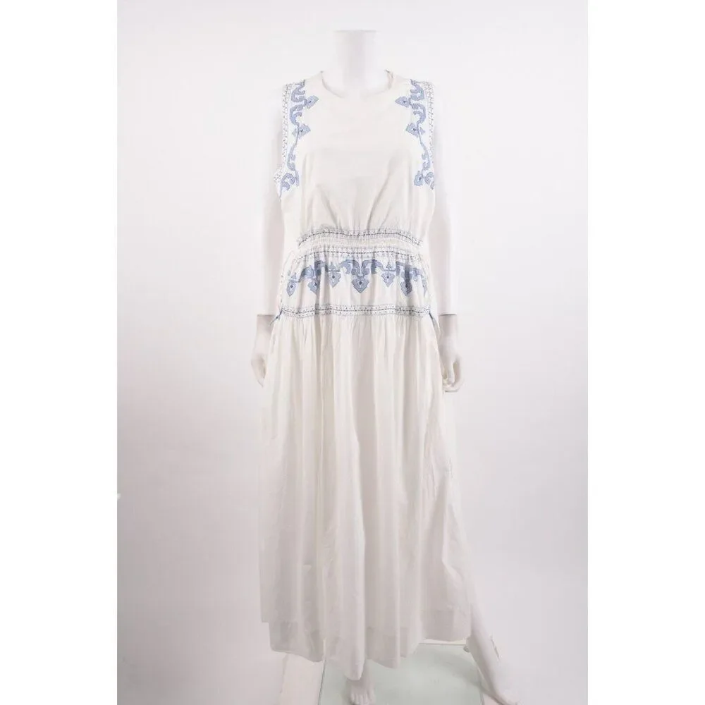 Zara Womans Embroidered Midi Dress Size L White Blue 5107/062 NWD Defect